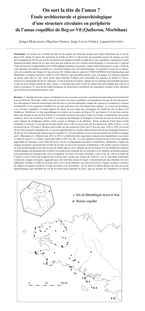 12-2024, tome 121, 3, p.447-480 - Grgor Marchand, Marylise Onfray, Jorge Calvo-Gmez, Laurent Quesnel  On sort la tte de l?amas ? tude architecturale et goarchologique dune structure circulaire en priphrie de l?amas coquillier de Beg-er-Vil (Qu